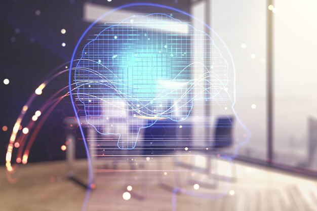 Double exposure of creative human head microcircuit and modern desk with computer on background Future technology and AI concept