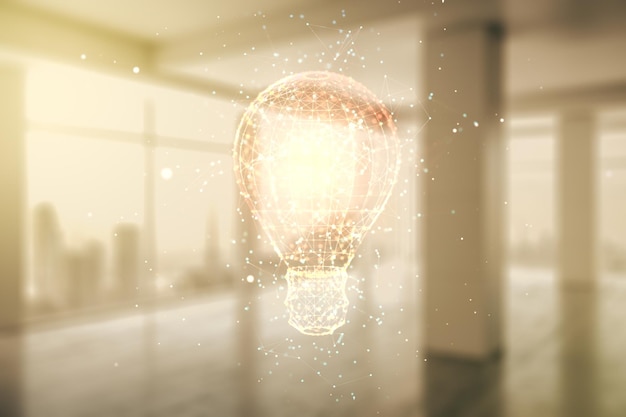 Foto doppia esposizione dell'ologramma della lampadina creativa su uno sfondo di ufficio moderno vuoto concetto di ricerca e sviluppo