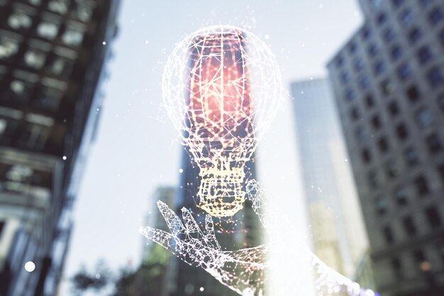 Foto doppia esposizione dell'ologramma creativo della lampadina sul concetto di ricerca e sviluppo di sfondo dei grattacieli moderni