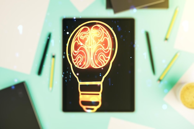 Photo double exposure of creative light bulb hologram with human brain and digital tablet on background top view idea and brainstorming concept