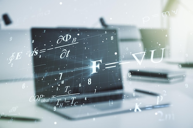 Double exposure of creative scientific formula concept on laptop background research and development concept