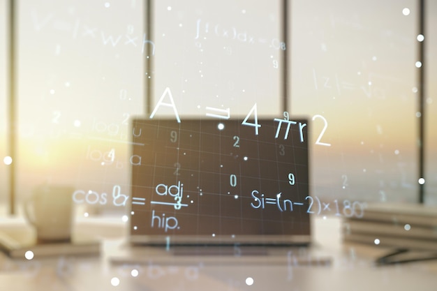 Double exposure of creative scientific formula concept on laptop background research and development concept