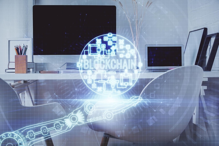 Photo double exposure of crypto technology theme drawing and office interior background concept of blockchain