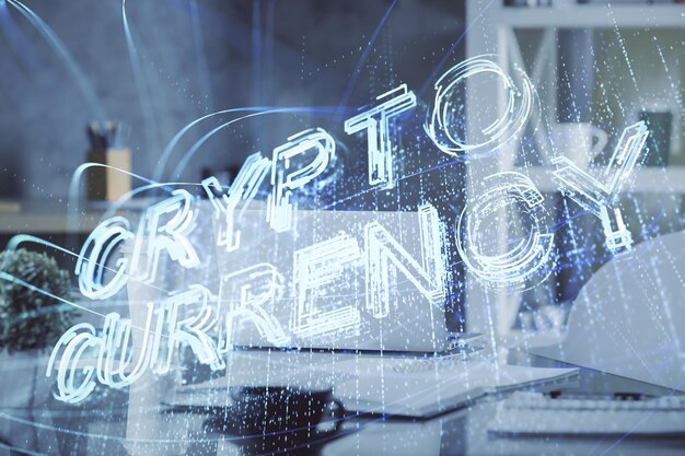 暗号技術のテーマ図とオフィス内部の背景の二重露光ブロックチェーンの概念