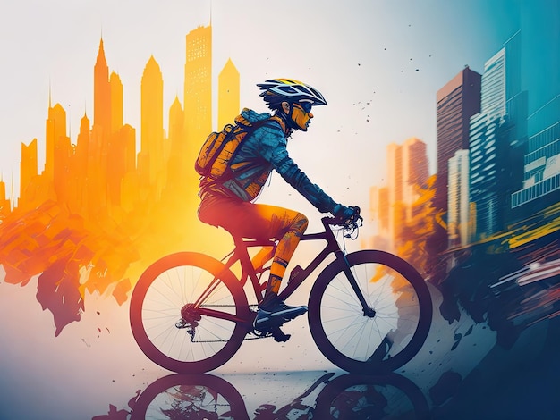 Double exposure of a cyclist young man on a bike ai generative