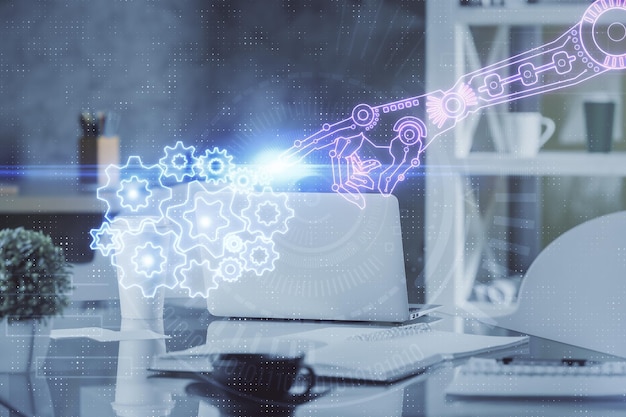 double exposure of data theme drawing and office interior background concept of technology