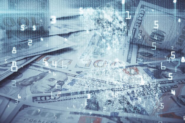 Photo double exposure of data theme drawing over us dollars bill background technology concept