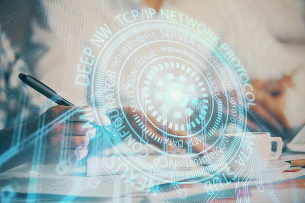 Double exposure of data theme sketch drawing over people writing background Concept of technology