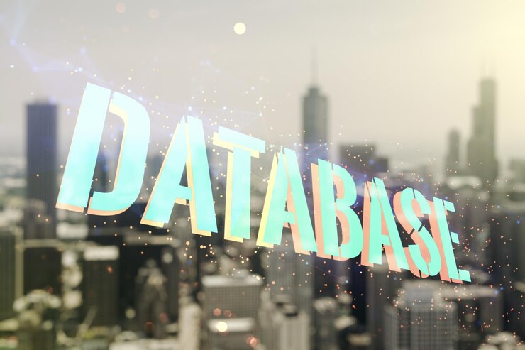 Photo double exposure of database word sign on blurry skyline background global research and analytics concept