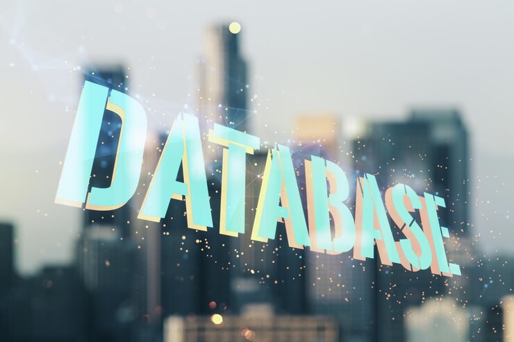 Photo double exposure of database word sign on blurry skyline background global research and analytics concept