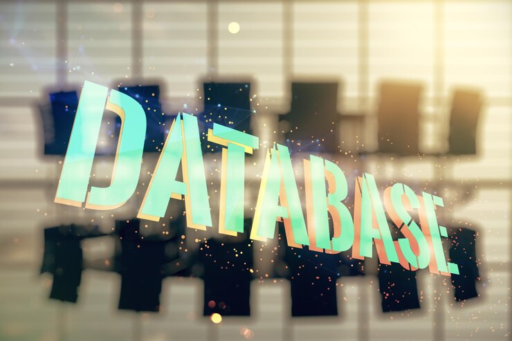 Photo double exposure of database word sign on a modern conference room background global research and analytics concept