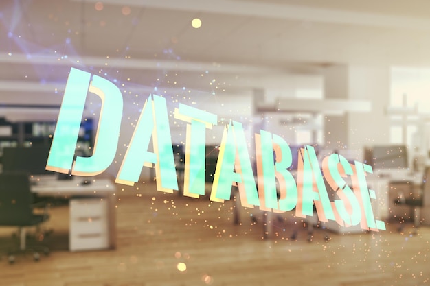 Photo double exposure of database word sign on a modern furnished office background global research and analytics concept