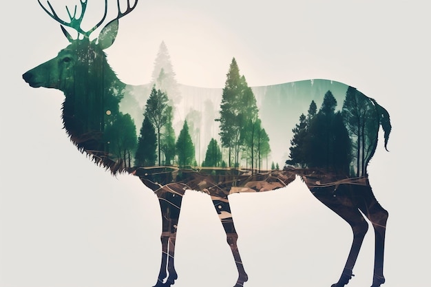 A double exposure of a deer and a green forest Generative AI