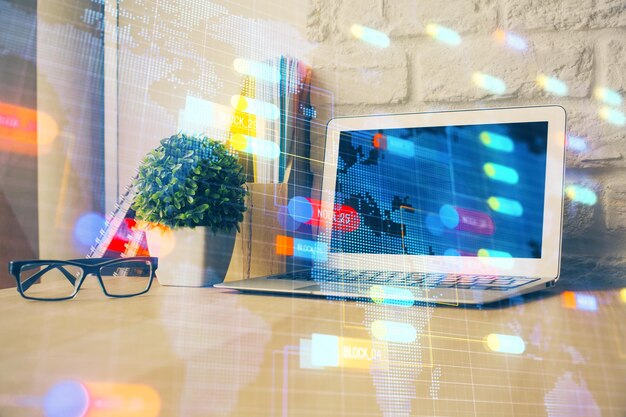 Double exposure of desktop computer and technology theme hologram Concept of software development