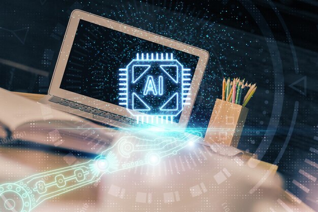 Double exposure of desktop computer and technology theme hologram Concept of software development