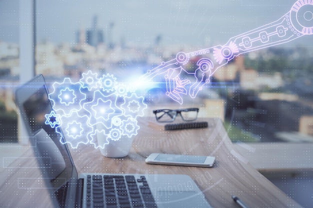 double exposure of desktop computer and technology theme hologram concept of software development