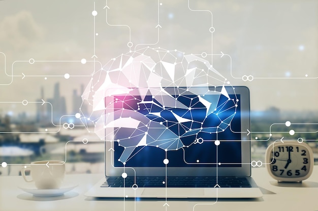 Double exposure of desktop with computer and brain drawing hologram Artificial intelligence concept