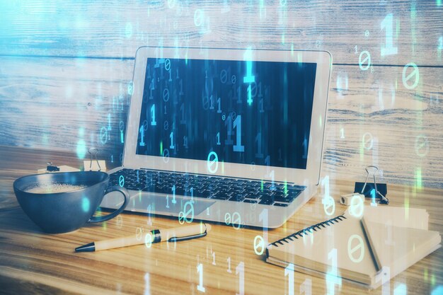 double exposure of desktop with personal computer on background and tech theme drawing concept of bigdata