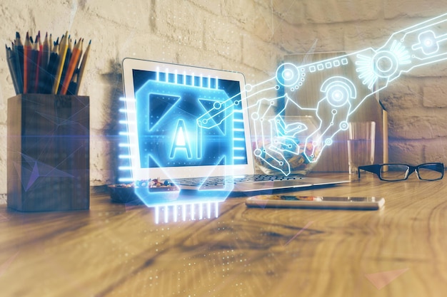 Double exposure of desktop with personal computer on background and tech theme drawing Concept of data analysis