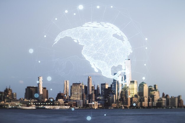 Double exposure of digital map of North America hologram on New York city skyscrapers background research and strategy concept