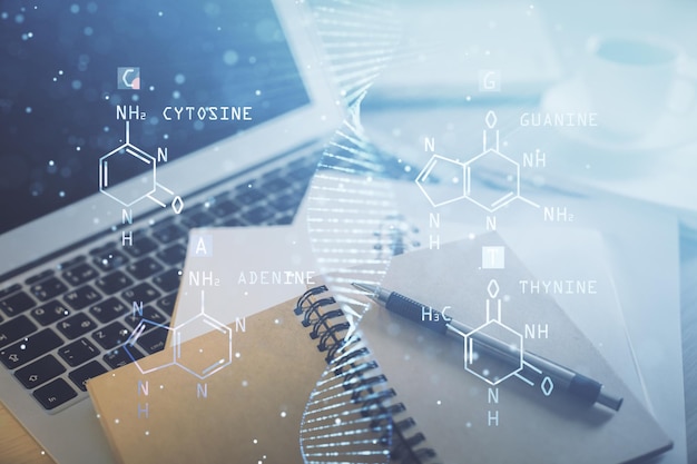 Double exposure of DNA drawing and desktop with coffee and items on table background Concept of medical science education