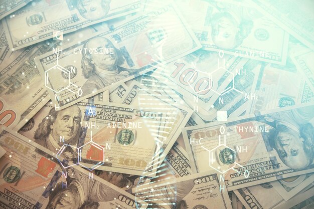 Double exposure of DNA drawing over usa dollars bill background Concept of medical education