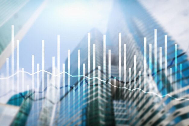 Double exposure Economics growth diagrams on blurred background Business and investment concept