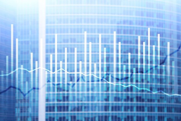 Double exposure Economics growth diagrams on blurred background Business and investment concept