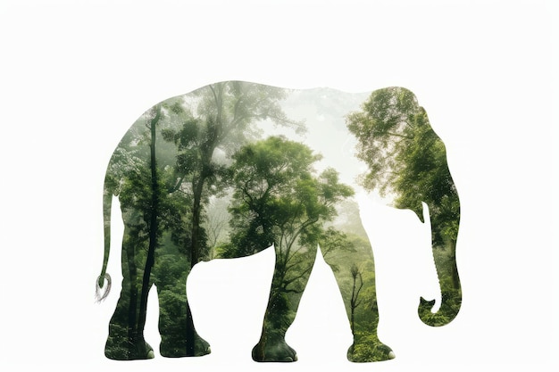 산책하는 코끼리와 초록색 정글의 이중 노출 효과 세계 야생동물 날