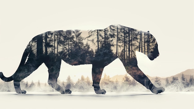 Photo double exposure effect of a walking black panther with a bamboo forest isolated on a white background