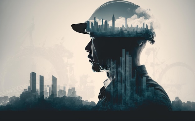 Double exposure of Engineer against cityscape Generative AI