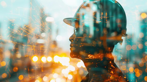 Photo double exposure of engineer cuacasian man is on duty in work site with abstract bokeh backgrounds