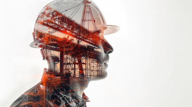 double exposure of engineer wearing helmet with building construction aig42