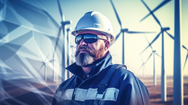 Double exposure of an engineer wearing a protective helmet against a backdrop of turbines Environmental concept