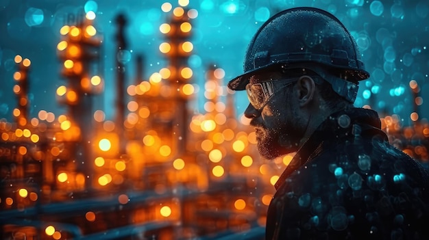 Double exposure of Engineer working in petrochemical plant Oil and gas industry concept