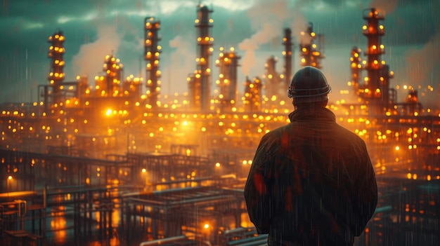 Double exposure of Engineer working in petrochemical plant Oil and gas industry concept