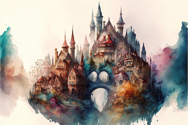 Double exposure of a fairy tale city and castke panorama and colorful ink paint splashes Generative Ai