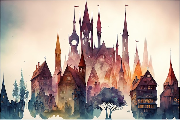 Double exposure of a fairy tale city and castke panorama and colorful ink paint splashes Generative Ai