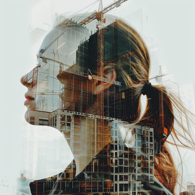 Double exposure of an female architect and construction building