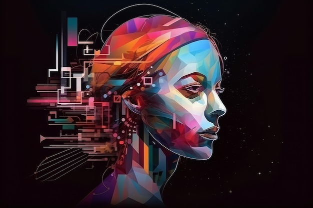 Double exposure of a female face and abstract technology background Generative AI