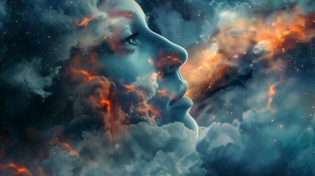 Double exposure of female face and cloudy space