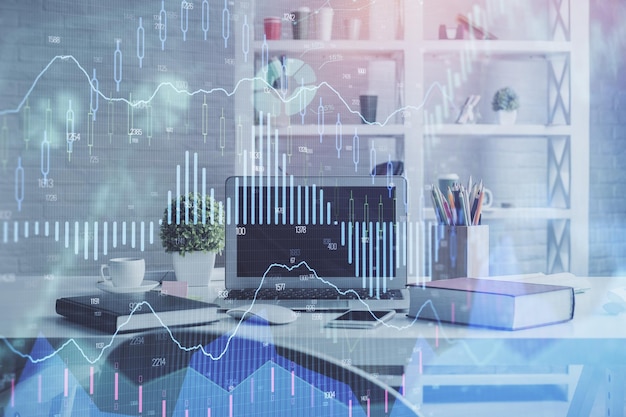 Double exposure of financial graph drawing and office interior background Concept of stock market