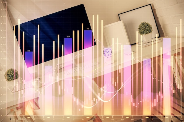 Photo double exposure of financial graph drawing and office interior background concept of stock market