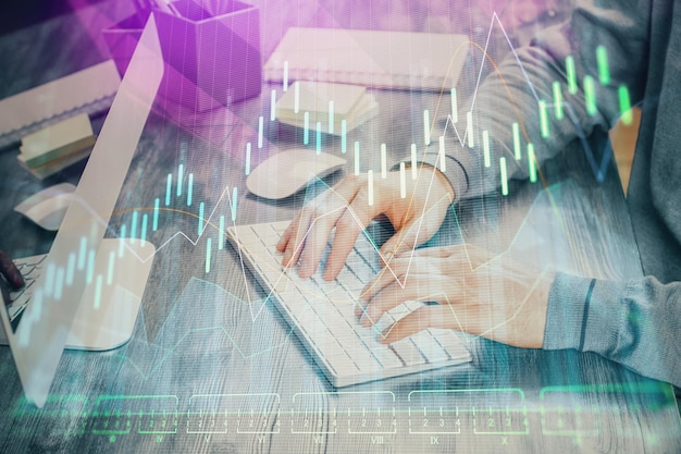 Double exposure of financial graph with man works in office on background Concept of analysis