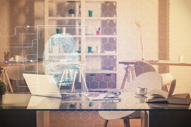 Double exposure of finger print and office interior background Concept of security