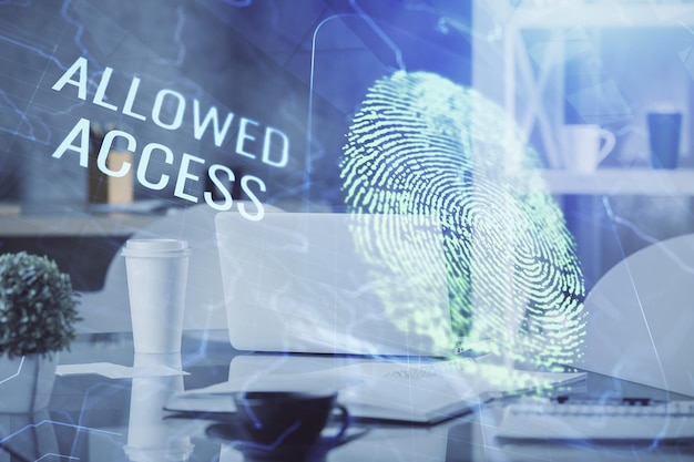 Photo double exposure of finger print and office interior background concept of security