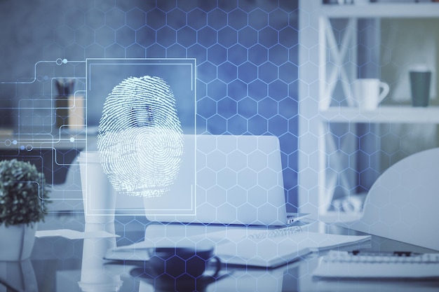 Double exposure of finger print and office interior background Concept of security