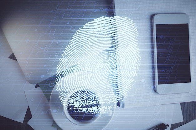 Double exposure of finger print over table with phone Top view Concept of mobile security