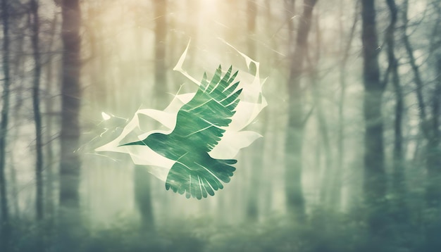 Double exposure a flying bird in the autumn season forest