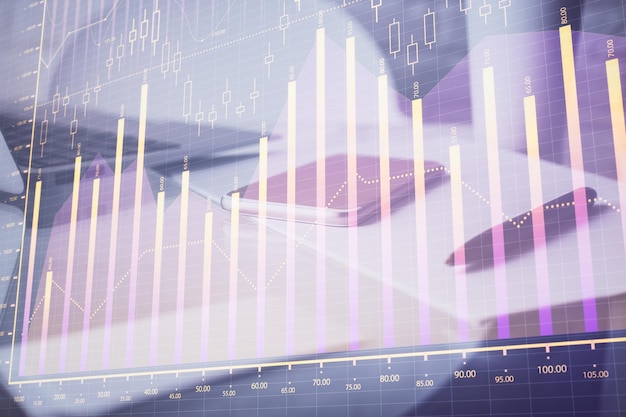 Double exposure of forex graph drawing and cell phone background Concept of financial data analysis